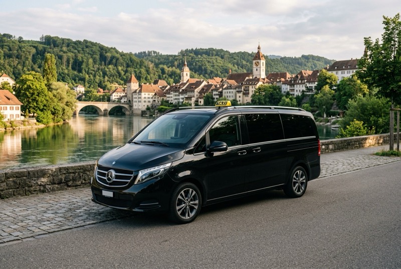 Black taxi on a riverbank in front of an old town
