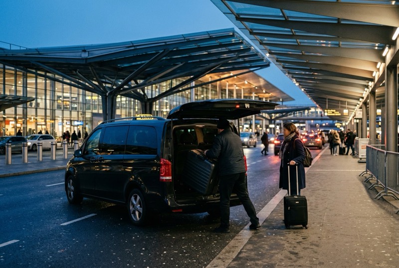 Driver unloading a suitcase from the taxi at the airport terminal