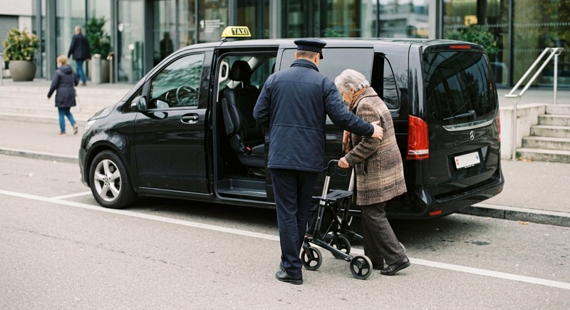 Driver helping an older woman with a walking frame to get into the taxi