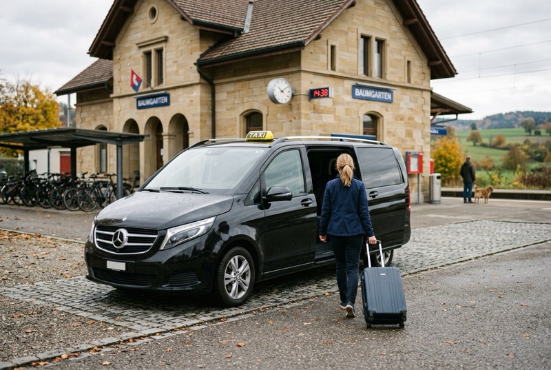 Black taxi in front of a station, passenger with a wheeled suitcase getting in
