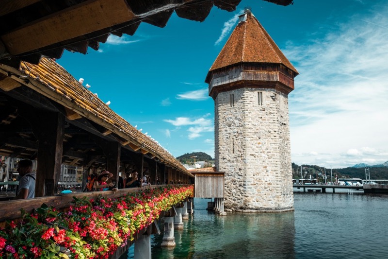 Water Tower and Chapel Bridge with flower boxes in Lucerne