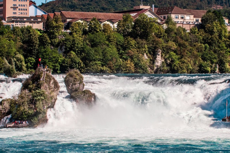 Rhine Falls at Neuhausen with rocks in the foaming water